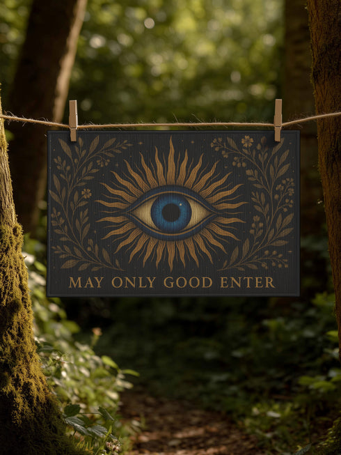 Woven doormat with non-slip backing, featuring a blue evil eye at center surrounded by golden botanical rays and the phrase "May Only Good Enter" along the edge, made of soft 100% polyester chenille with a smooth plush pile, 24x36 inches in size, designed for witchy or spiritual home décor and entry protection.